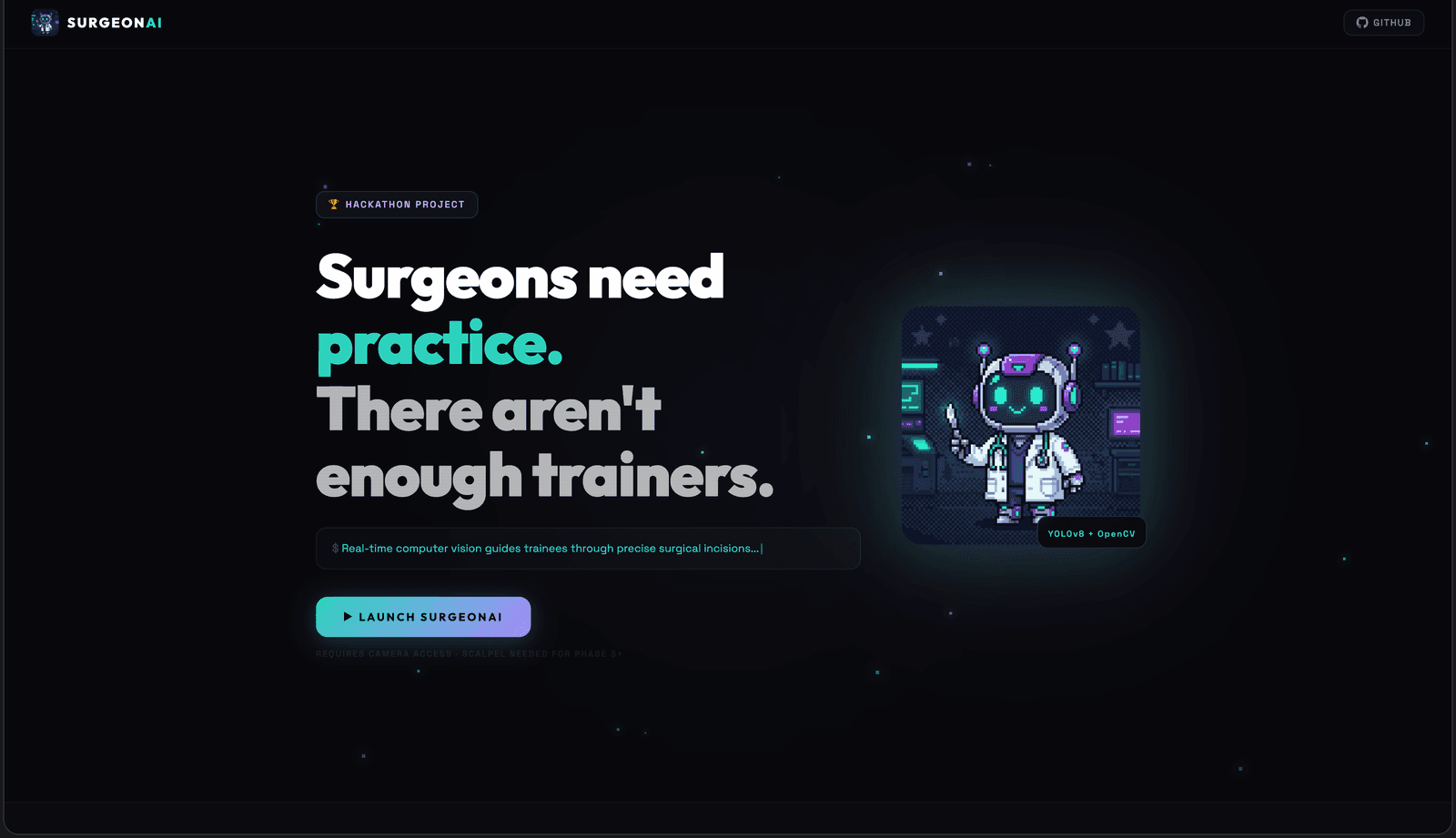 SurgeonAI’s project landing page and illustrated training assistant.